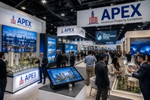 Global real estate investors and developers networking at APEX 2026 exhibition floor in Las Vegas.