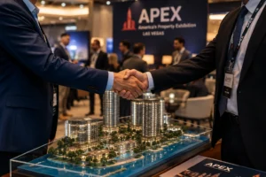 Real estate executives closing a development deal during a B2B matchmaking meeting at APEX Las Vegas.