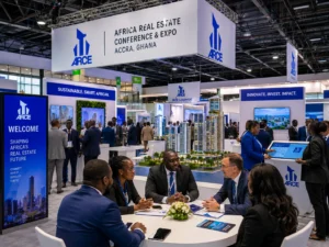A vibrant, high-energy photo of the main exhibition floor at the Africa Real Estate Conference and Expo in Accra, Ghana. Modern exhibition booths feature interactive digital touchscreens, architectural scale models of eco-friendly skyscrapers, and proptech demo stations. African and international business professionals in sharp attire engage in discussions around a B2B lounge table. Bright modern ceiling lighting, depth of field, authentic business setting, photorealistic.