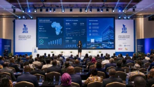 A hyper-realistic, wide-angle corporate photograph of a keynote session at the Africa Real Estate Conference and Expo (ARCE) inside The Palms Convention Center in Accra. An African female PropTech CEO in executive attire presents data on an ultra-wide LED stage screen showing digital land registry maps and financial analytics. The auditorium is filled with diverse international investors, government ministers, and corporate executives. Modern architectural conference lighting, sharp focus, 8k resolution, professional photojournalism style.